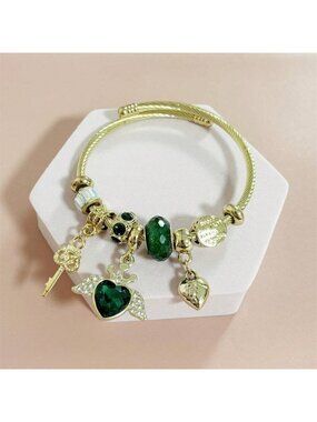 Angel Wings Beading Stainless Steel Bangle- Green